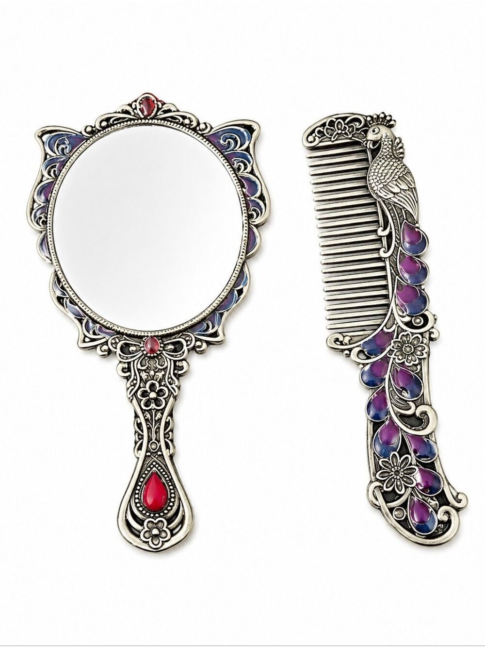 Vintage Peacock Comb & Butterfly Hand Mirror Set – Ornate Vanity Decor - Picture 2 of 4